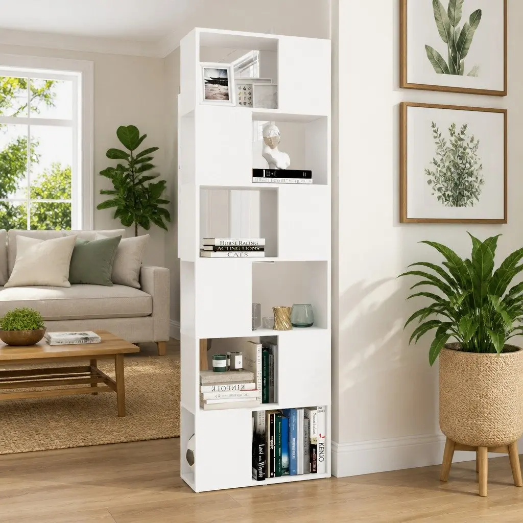 6-Compartment White Book Cabinet and Room Divider