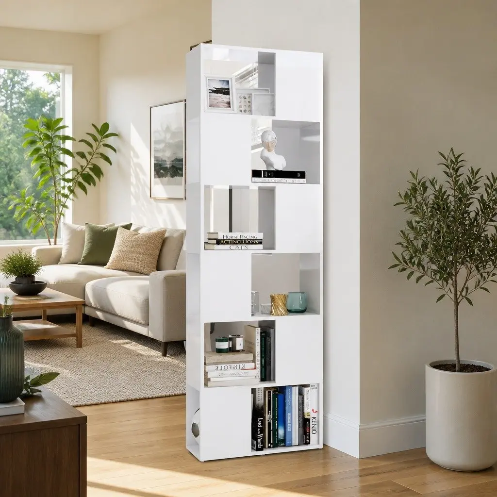 High Gloss White Book Cabinet with 6 Compartments