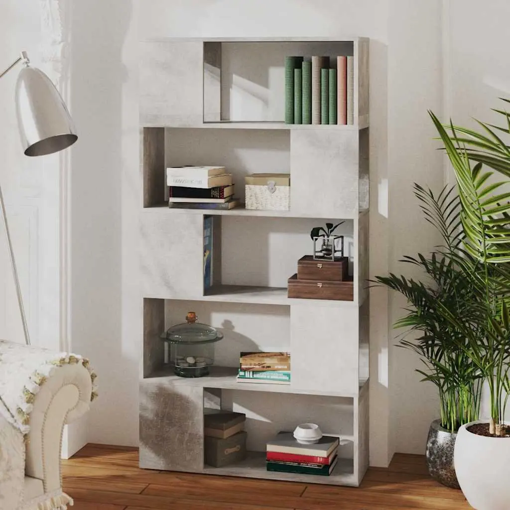 Engineered Wood Book Cabinet Storage Unit for Room Divider Concrete Grey 80W x 24D x 155H cm with 5 Compartments
