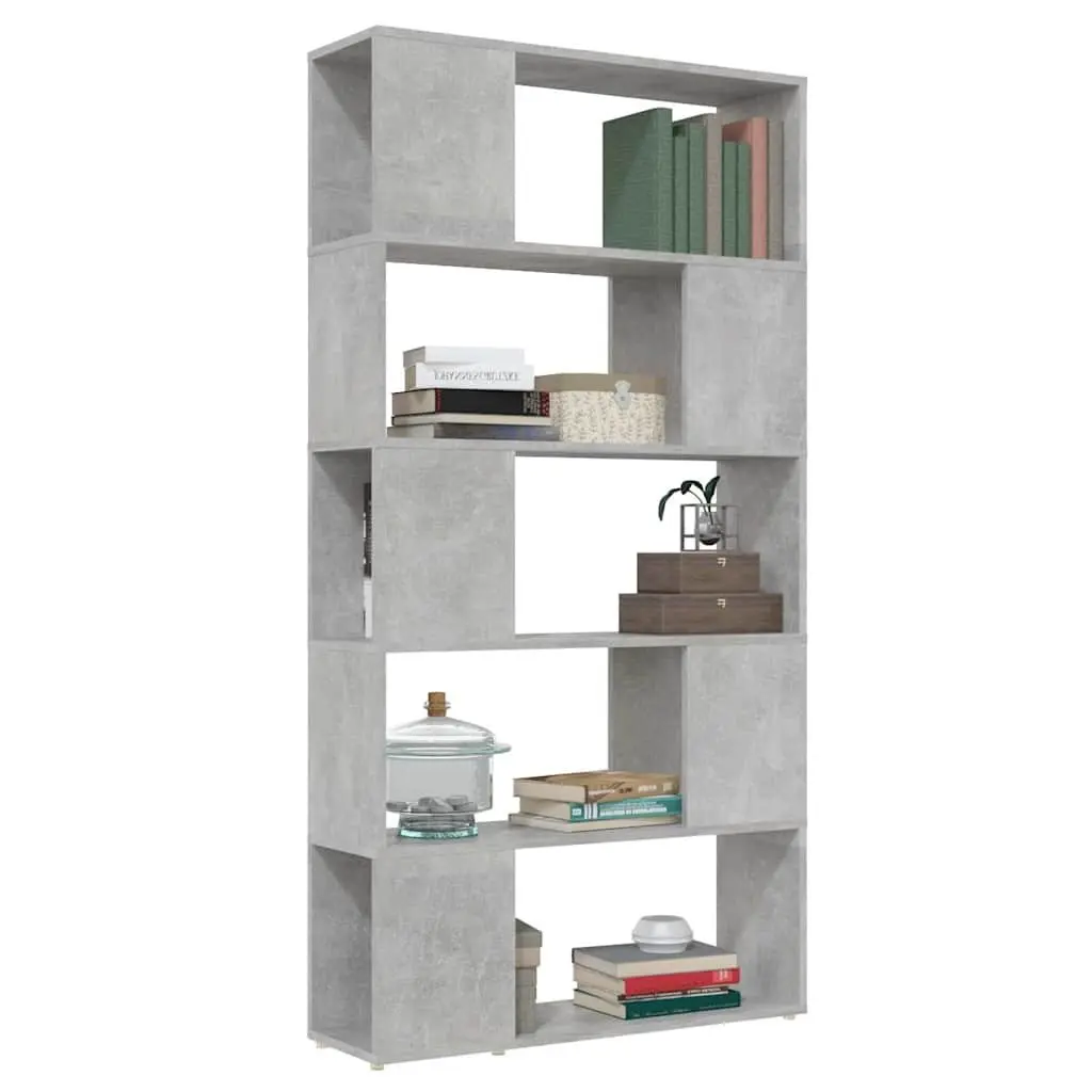 Engineered Wood Book Cabinet Storage Unit for Room Divider Concrete Grey 80W x 24D x 155H cm with 5 Compartments