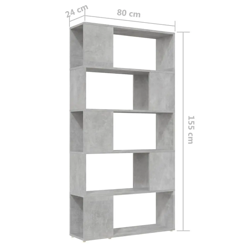 Engineered Wood Book Cabinet Storage Unit for Room Divider Concrete Grey 80W x 24D x 155H cm with 5 Compartments