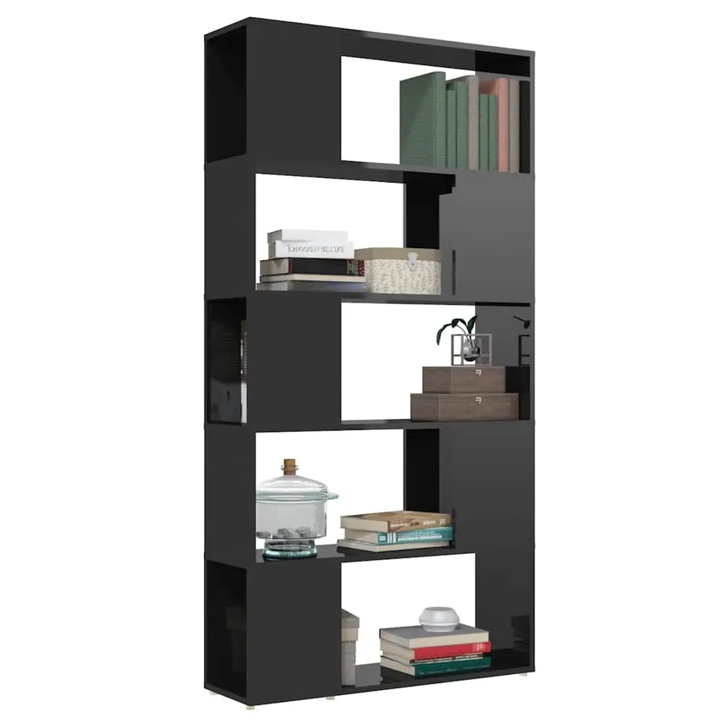 Black High Gloss 5 Compartment Bookshelf Room Divider Shelving Unit for Living Space
