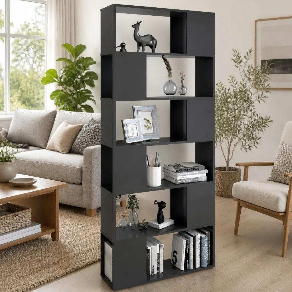 Grey Room Divider Book Cabinet 80cm Wide 24cm Deep 186cm High Storage Shelf with 6 Compartments for Home Organization