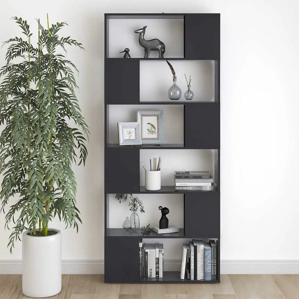 Grey Room Divider Book Cabinet 80cm Wide 24cm Deep 186cm High Storage Shelf with 6 Compartments for Home Organization