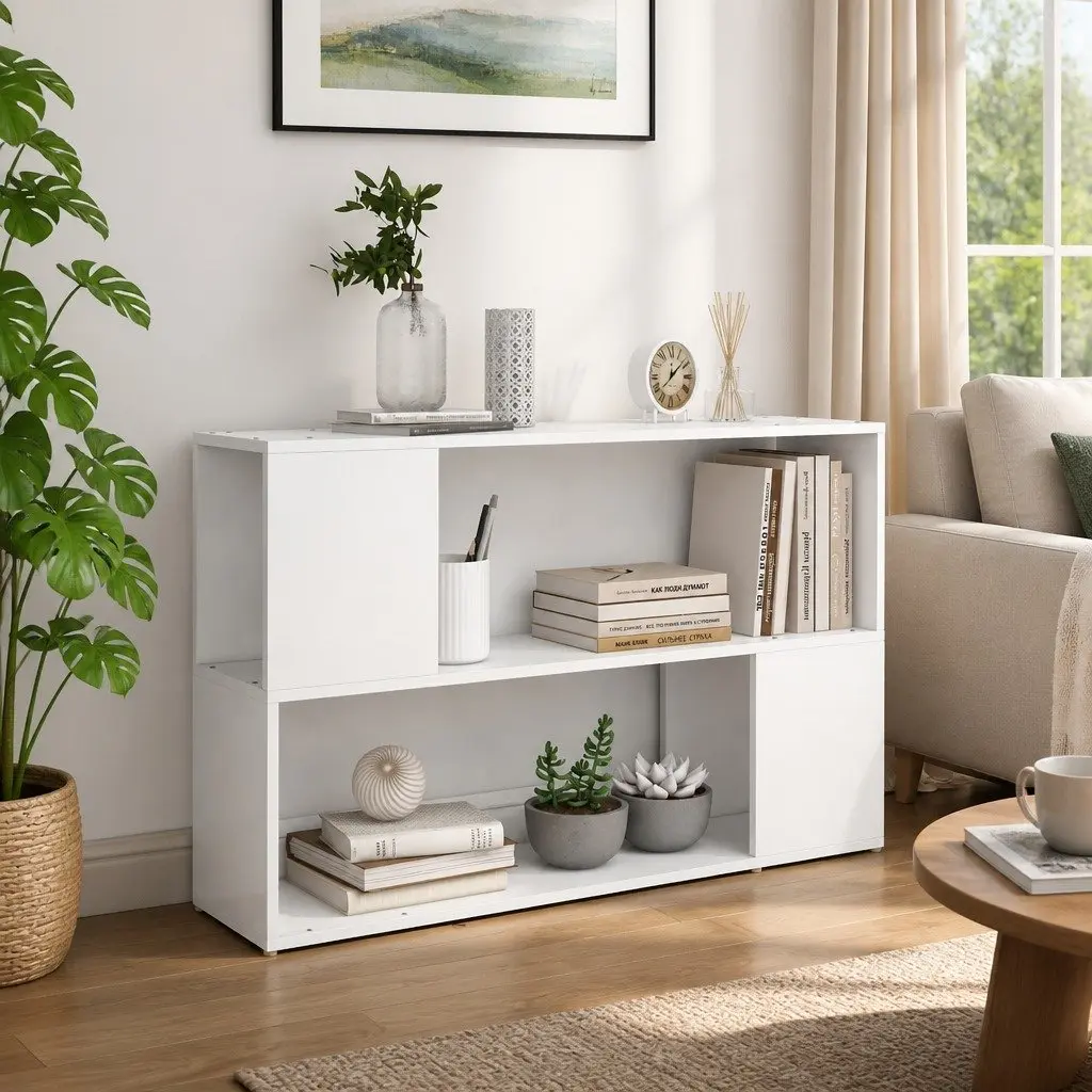 Book Cabinet White Engineered Wood Storage Shelving Unit with Open Compartments
