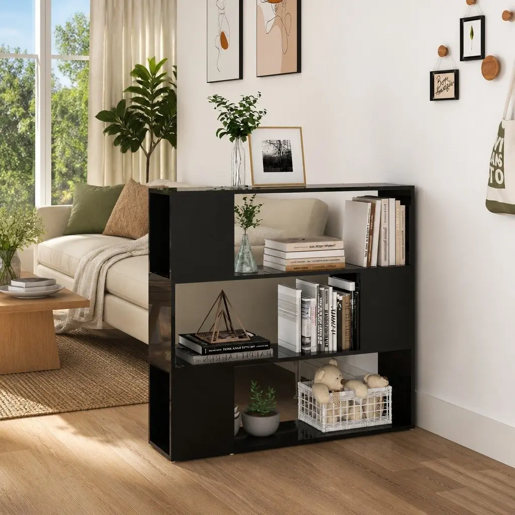 High Gloss Black Book Cabinet Divider Storage Shelf Compartment Organizer 100W x 24D x 94H cm