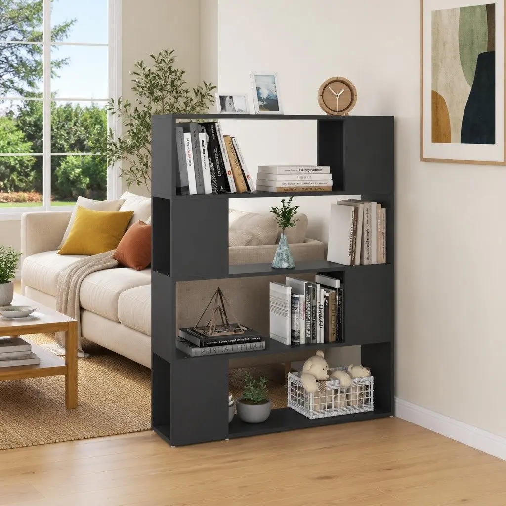 Book Cabinet Room Divider Grey 100W x 24D x 124H cm 4 Compartments Storage Shelving Unit Organiser