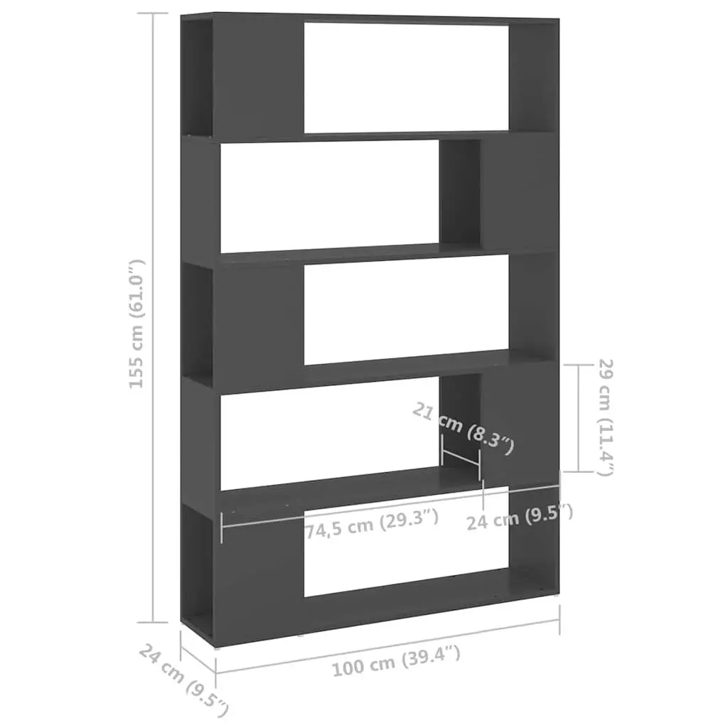 Grey Bookshelf Room Divider Storage Unit for Living Room Bedroom Office 100x24x155cm