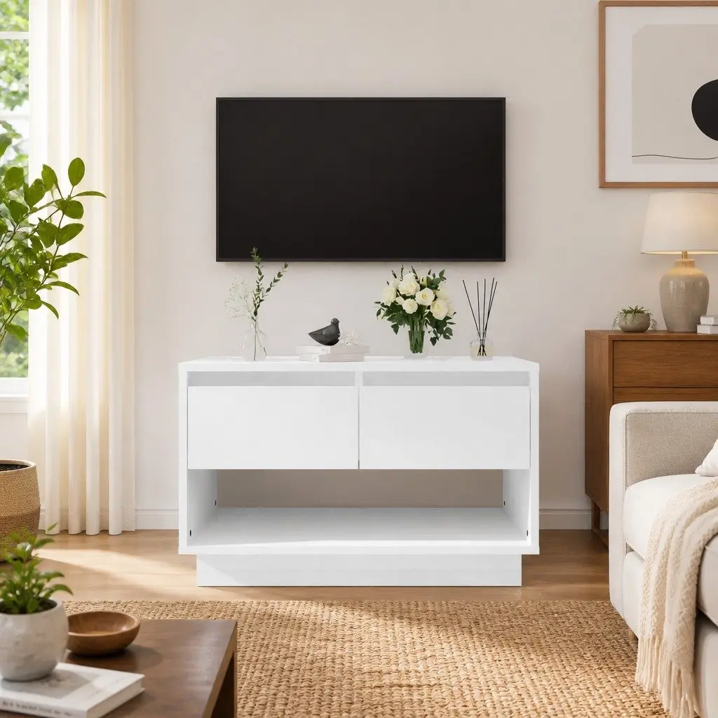 TV Cabinet for Living Room White High Gloss 70x41x44cm Storage Unit with Drawers and Open Compartment