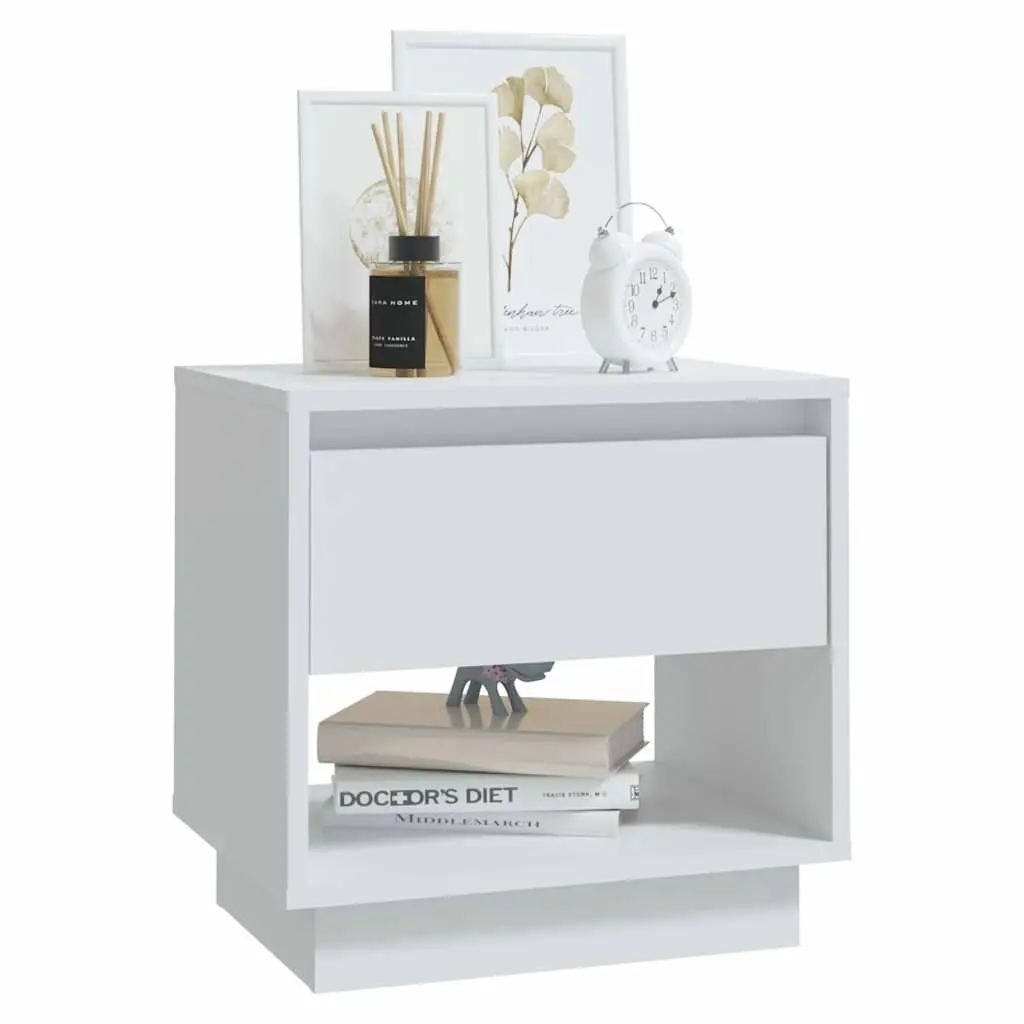 Bedside Cabinet White Engineered Wood Nightstand Storage Drawer Open Compartment