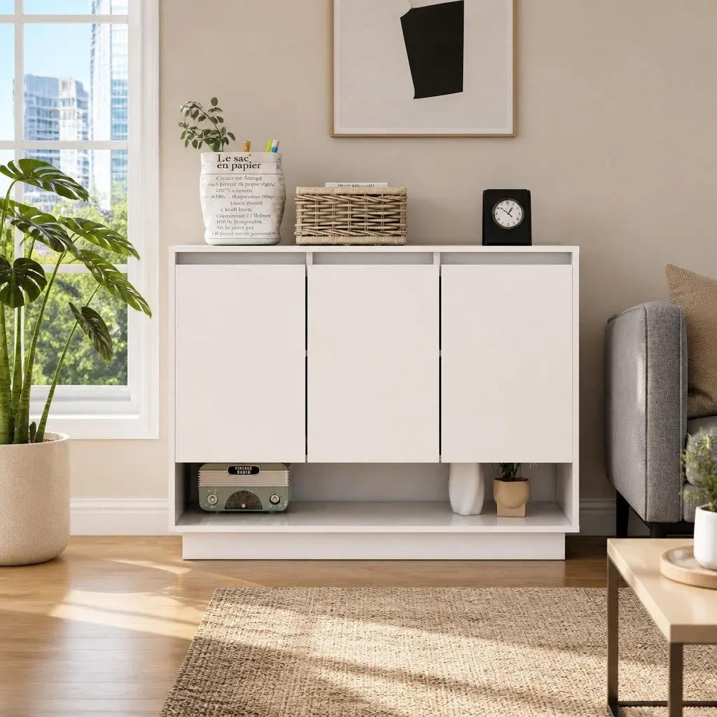Sideboard High Gloss White Storage Cabinet 3 Doors Open Compartment Living Room