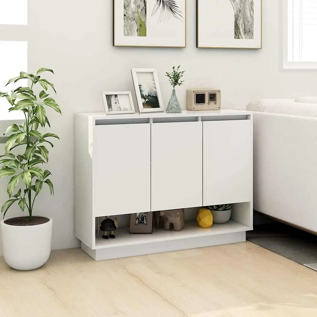 Sideboard High Gloss White Storage Cabinet 3 Doors Open Compartment Living Room