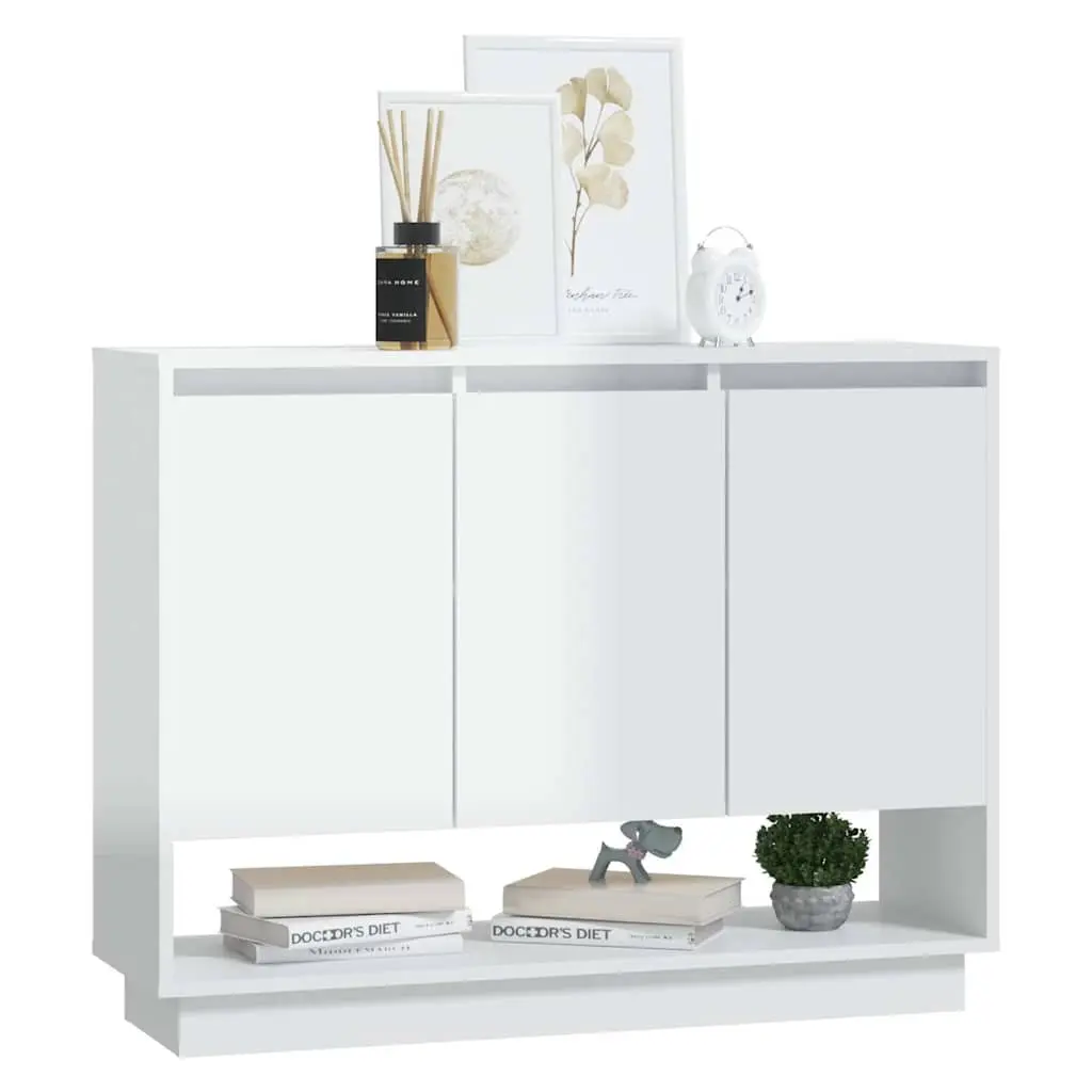 Sideboard High Gloss White Storage Cabinet 3 Doors Open Compartment Living Room
