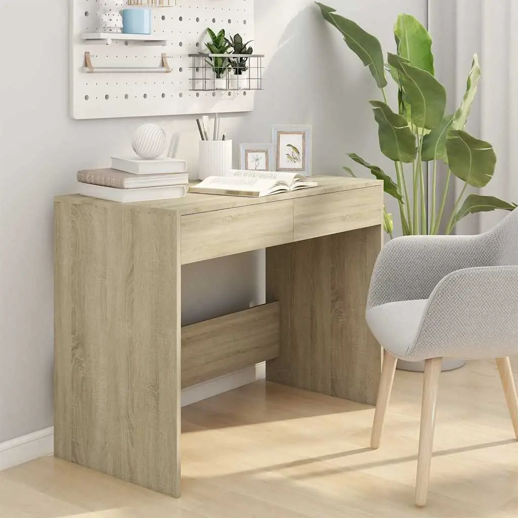 Office Desk Beige Engineered Wood Computer Workstation with 2 Storage Drawers