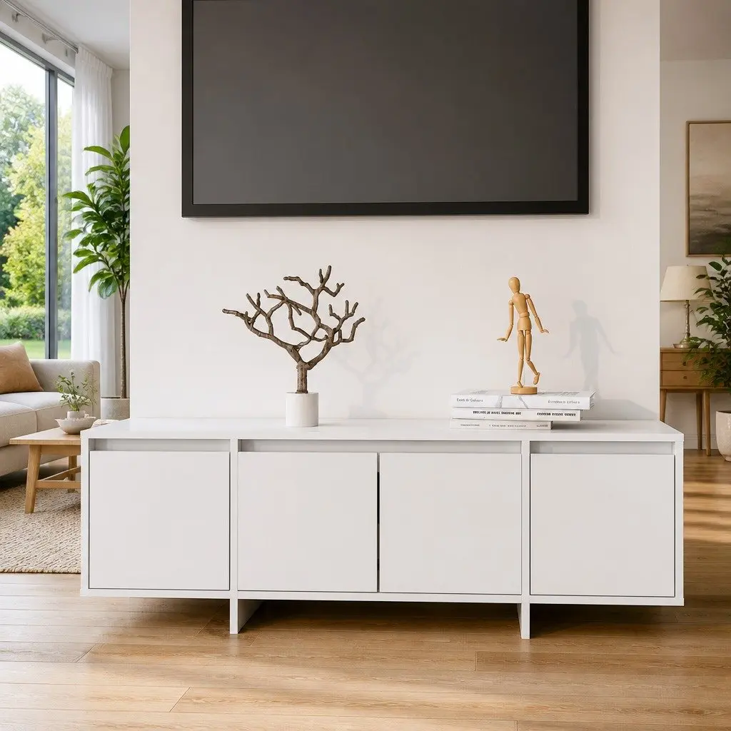 TV Cabinet White Living Room 120cm 4 Door Storage Unit