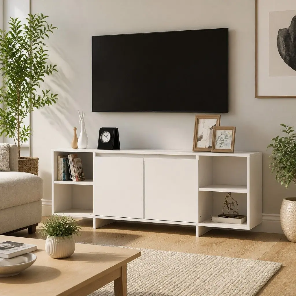 White TV Cabinet with Storage and Shelves