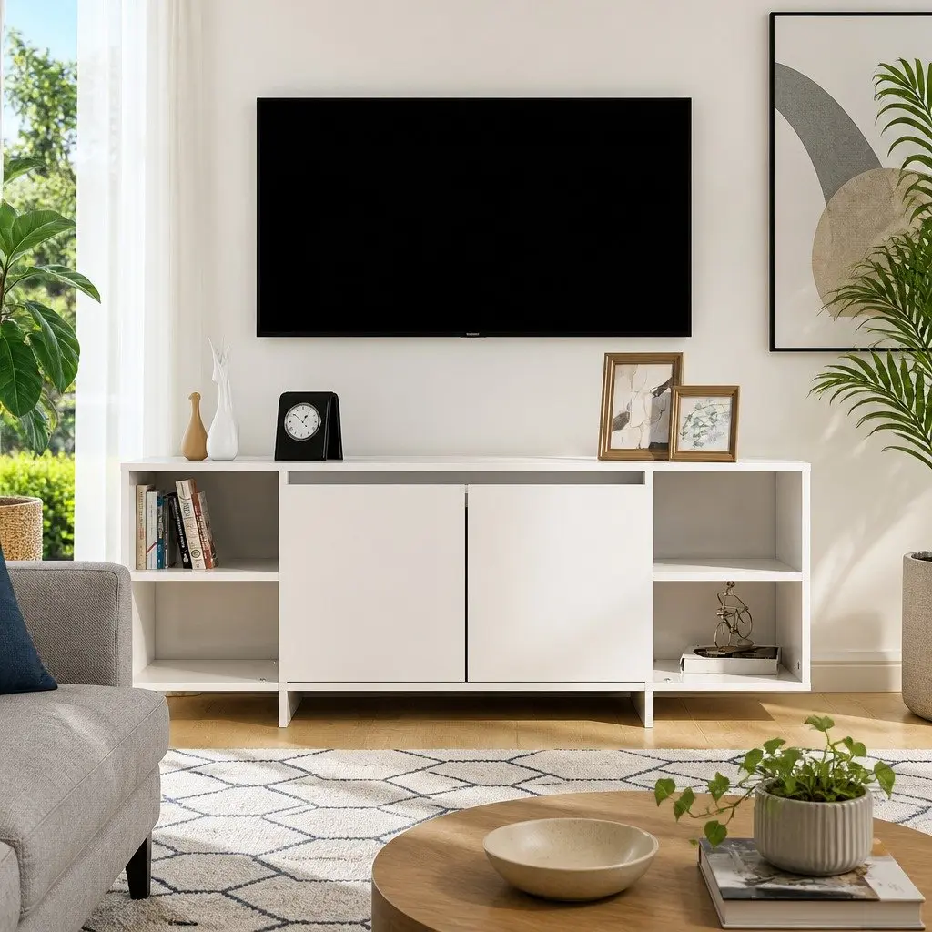 TV Cabinet White High Gloss Living Room 130x35x50cm Storage Lowboard Entertainment Unit