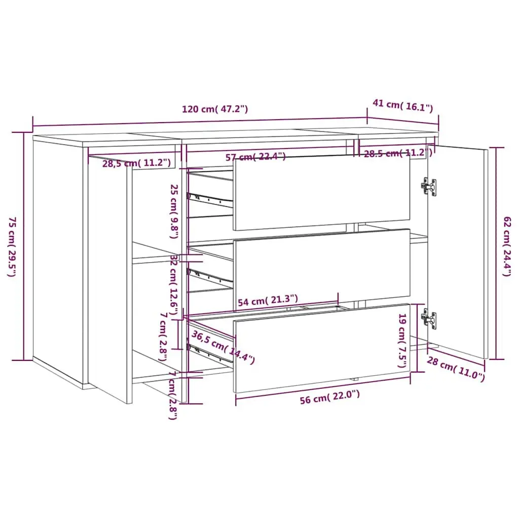 Sideboard Cabinet with 3 Drawers 2 Doors Grey Storage Furniture Engineered Wood
