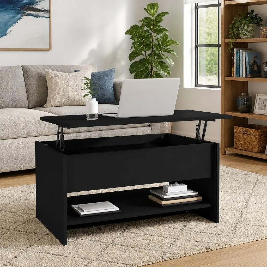 Adjustable Black Coffee Table with Hidden Storage