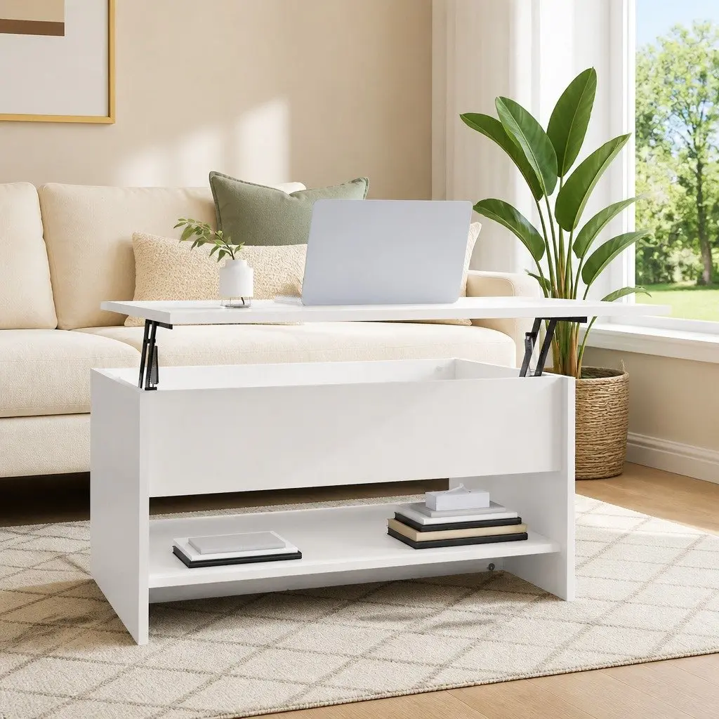Coffee Table Living Room White High Gloss Lift Top Storage Compartment