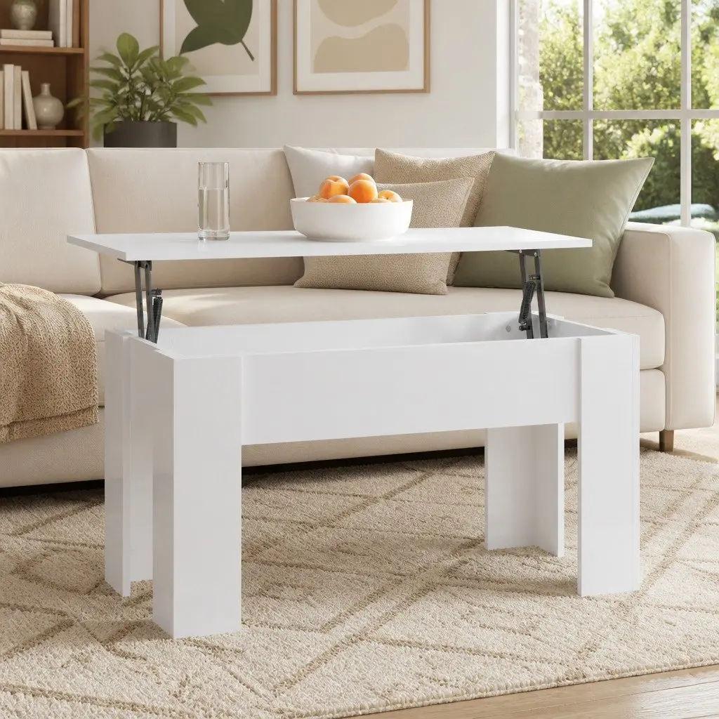 Lift Top Coffee Table for Living Room White High Gloss Engineered Wood