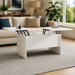 White Coffee Table with Lift Top Storage Compartments Modern Accent Furniture