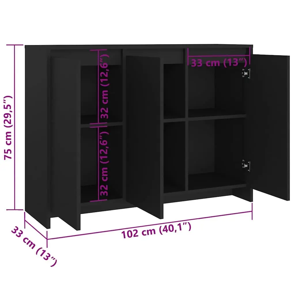 Sideboard Storage Cabinet 3 Door Black Buffet Furniture Engineered Wood Display