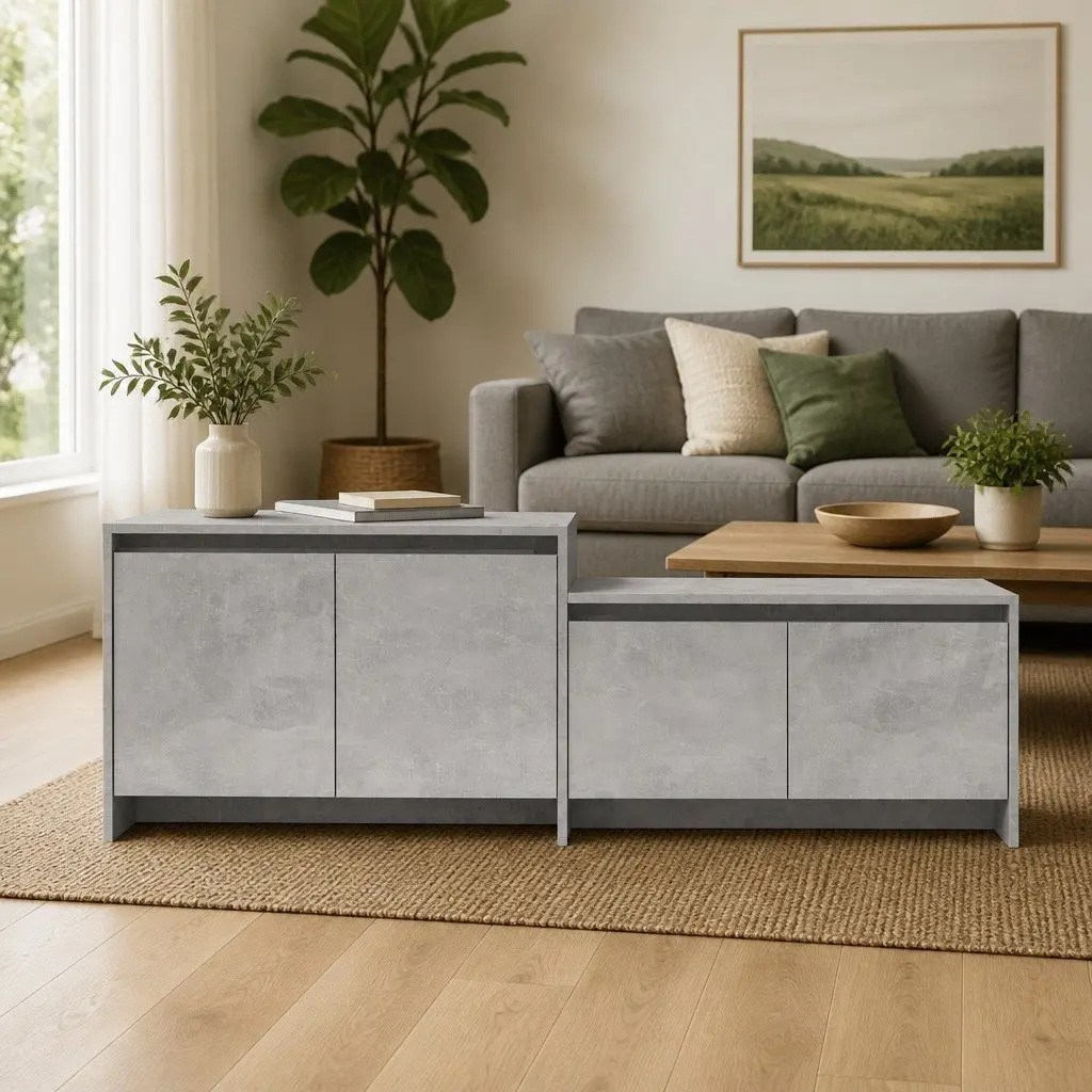 TV Cabinet Living Room Concrete Grey 4 Door Lowboard 1465 x 350 x 500 mm