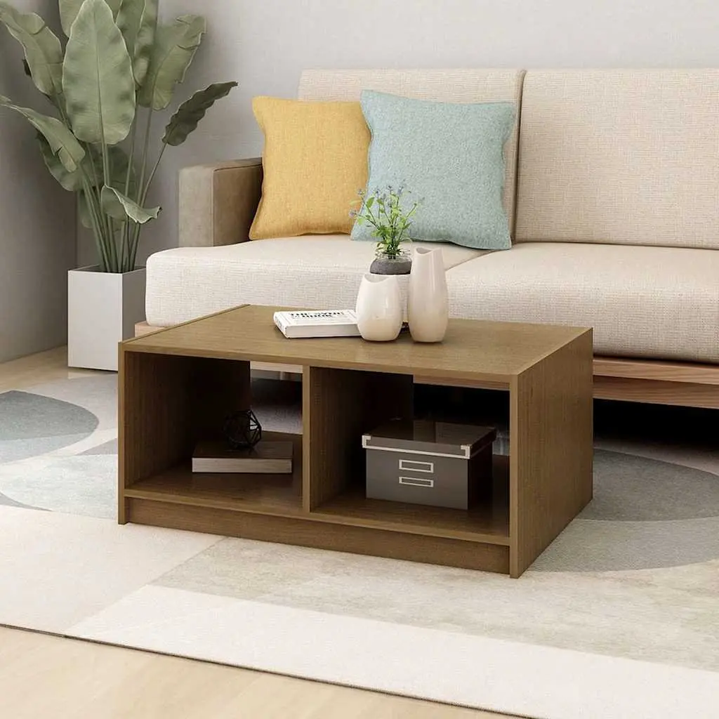 Solid Pinewood Coffee Table Brown Modern Design Living Room Accent Furniture