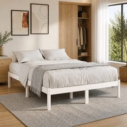 135x190 cm White Bed Frame: Solid Pinewood Slatted Base
