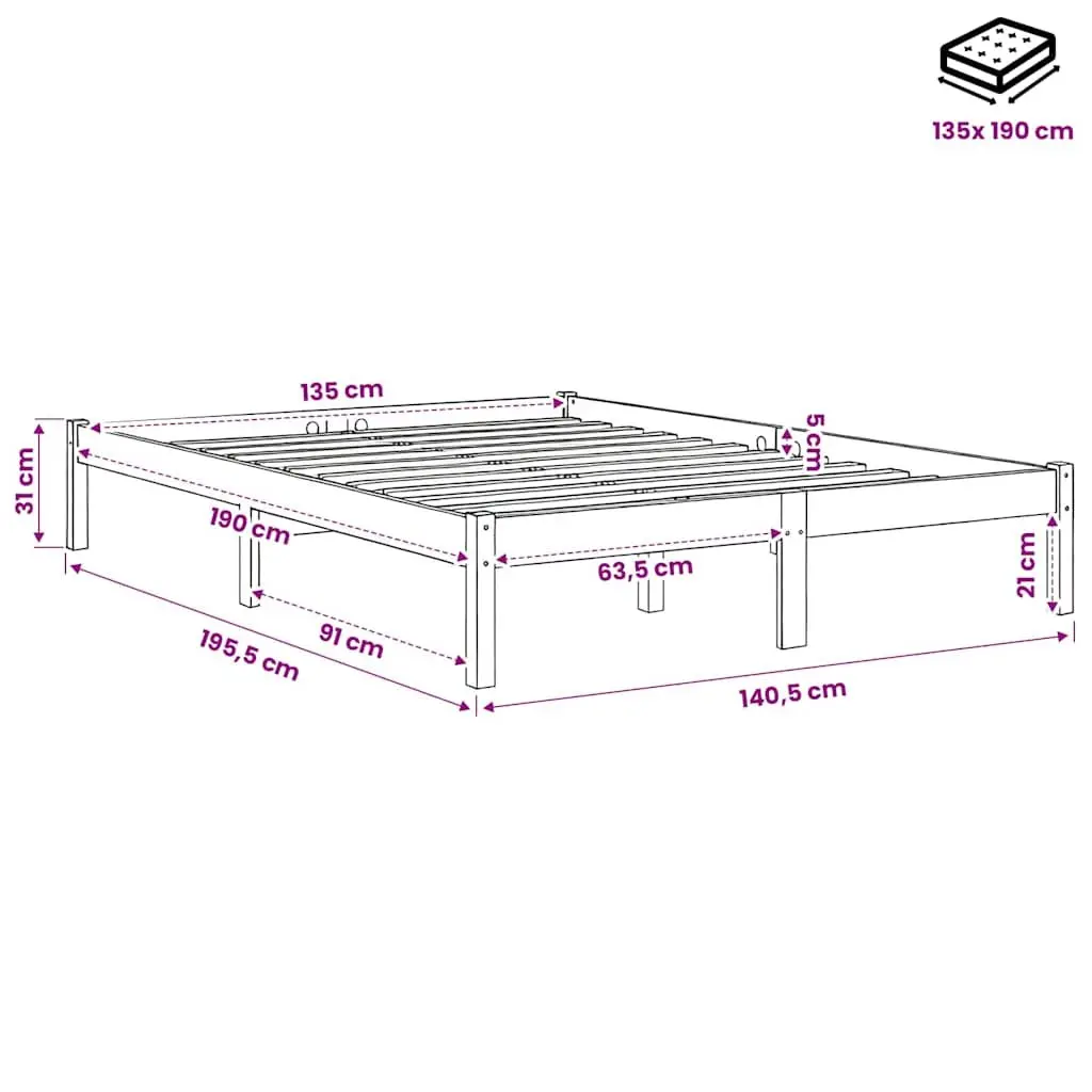 White Solid Wood Bed Frame 135x190 cm Slatted Base Modern Bedroom Furniture