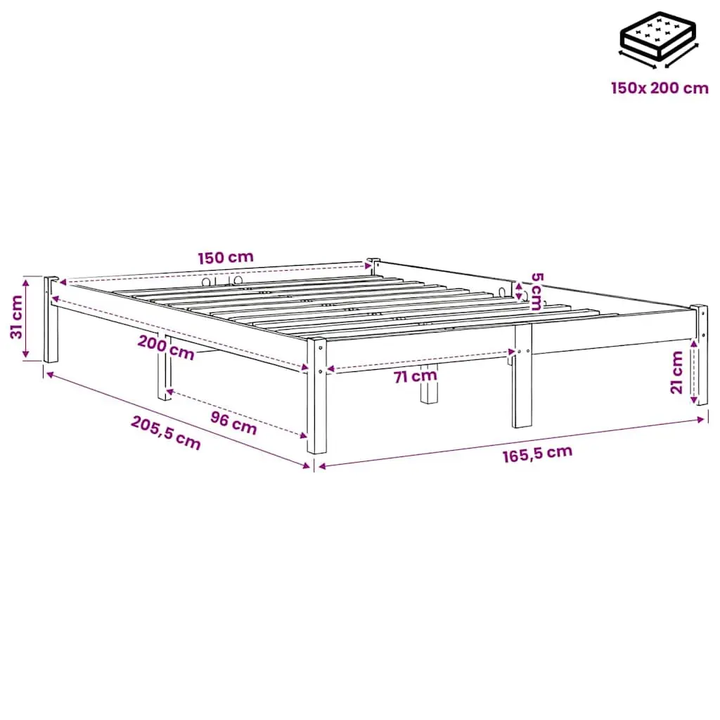 Solid Wood Bed Frame 150x200 cm Brown Bedroom Furniture Slatted Base