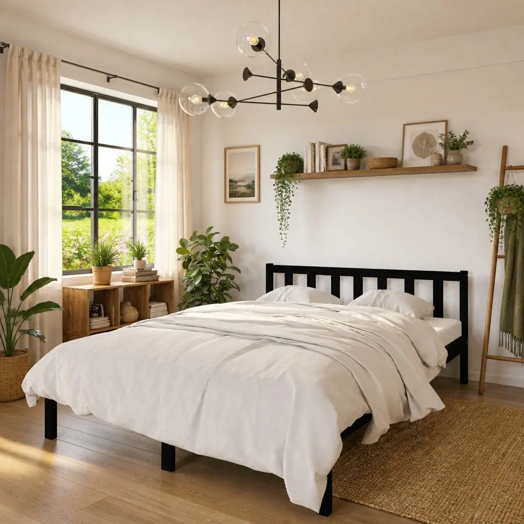 Bed Frame Black Solid Wood Bedroom 135x190 cm Slatted Base Modern