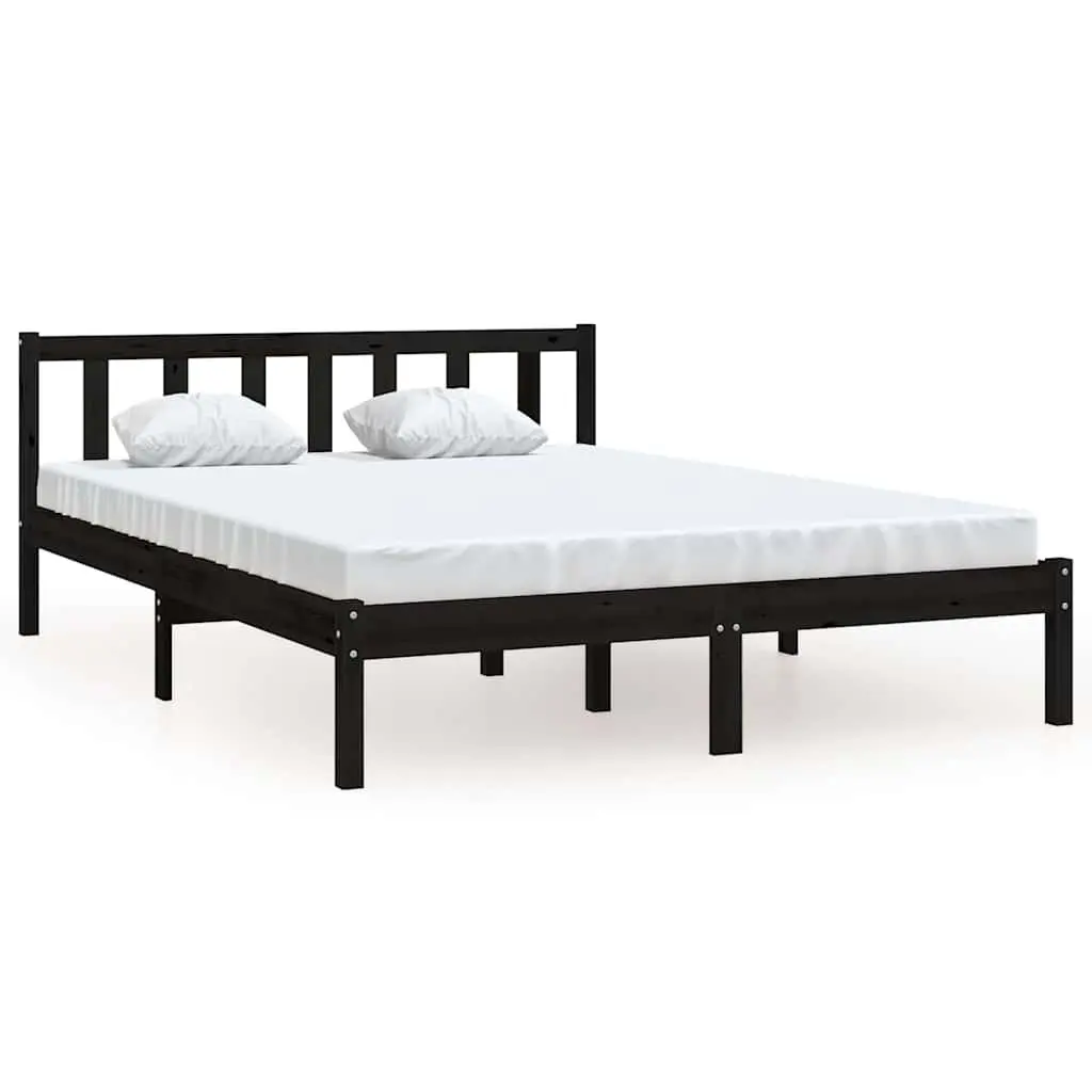 Bed Frame Black Solid Wood Bedroom 135x190 cm Slatted Base Modern