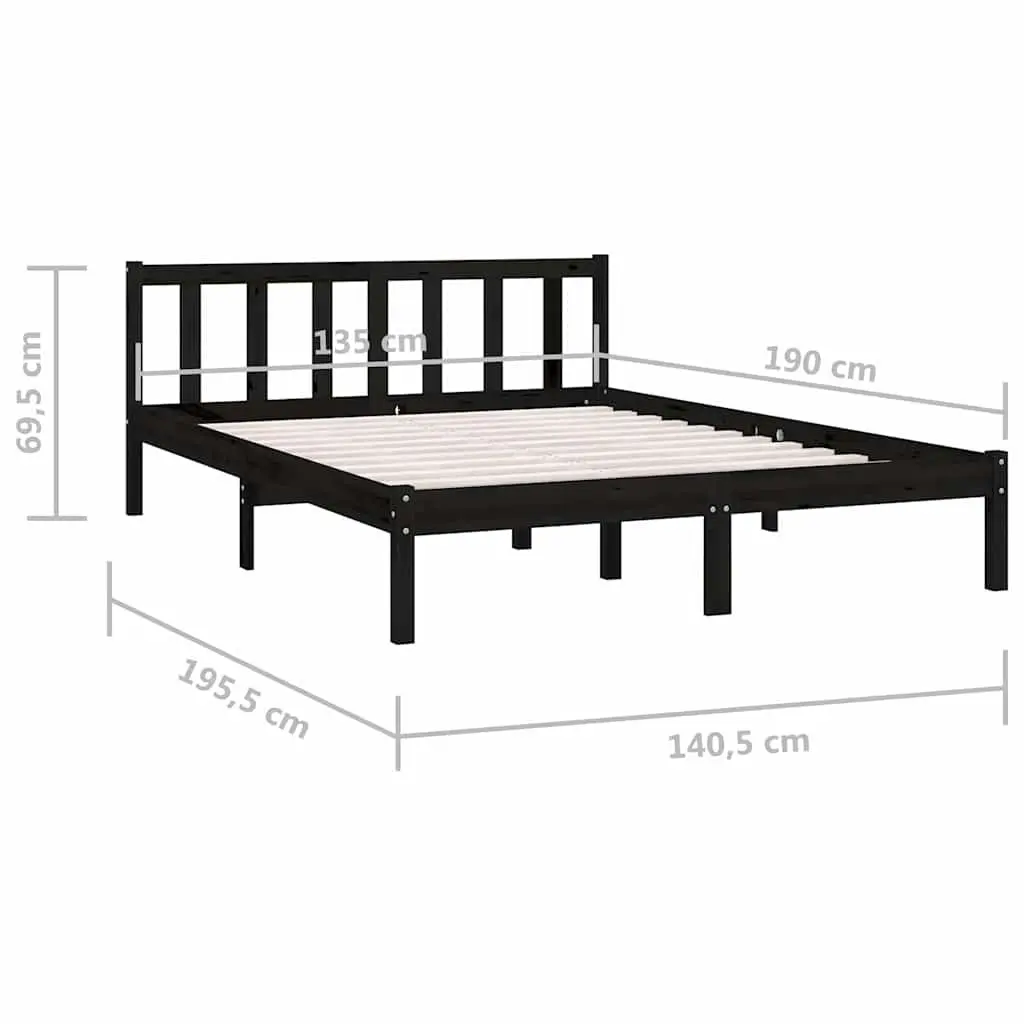 Bed Frame Black Solid Wood Bedroom 135x190 cm Slatted Base Modern