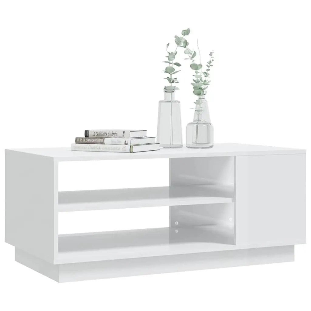 White High Gloss Coffee Table with Storage Shelves Modern Living Room Accent