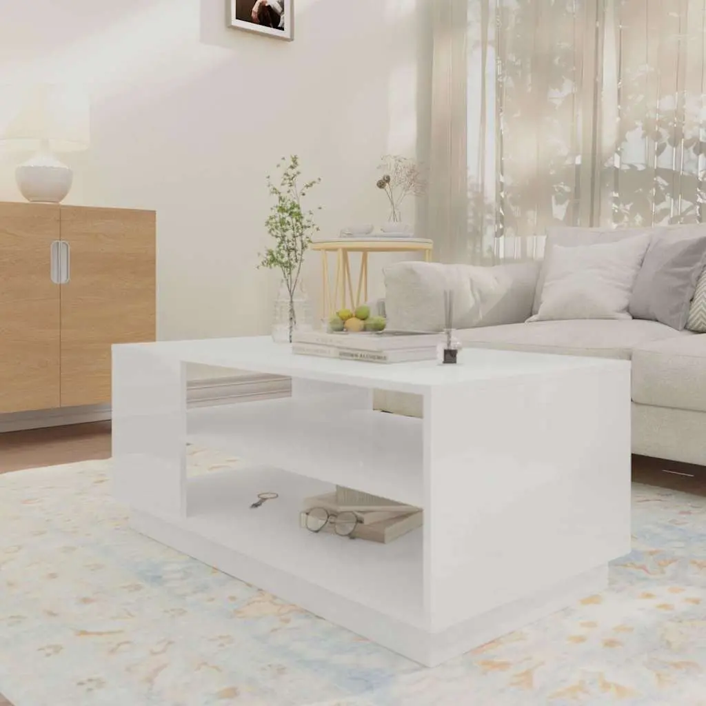White High Gloss Coffee Table with Storage Shelves Modern Living Room Accent
