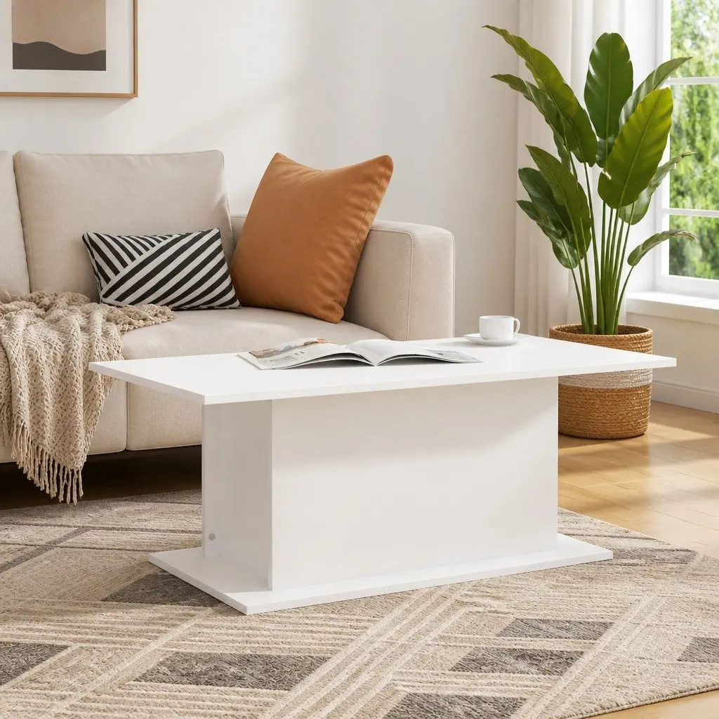White Coffee Table Living Room Accent Furniture Engineered Wood Design 102cm