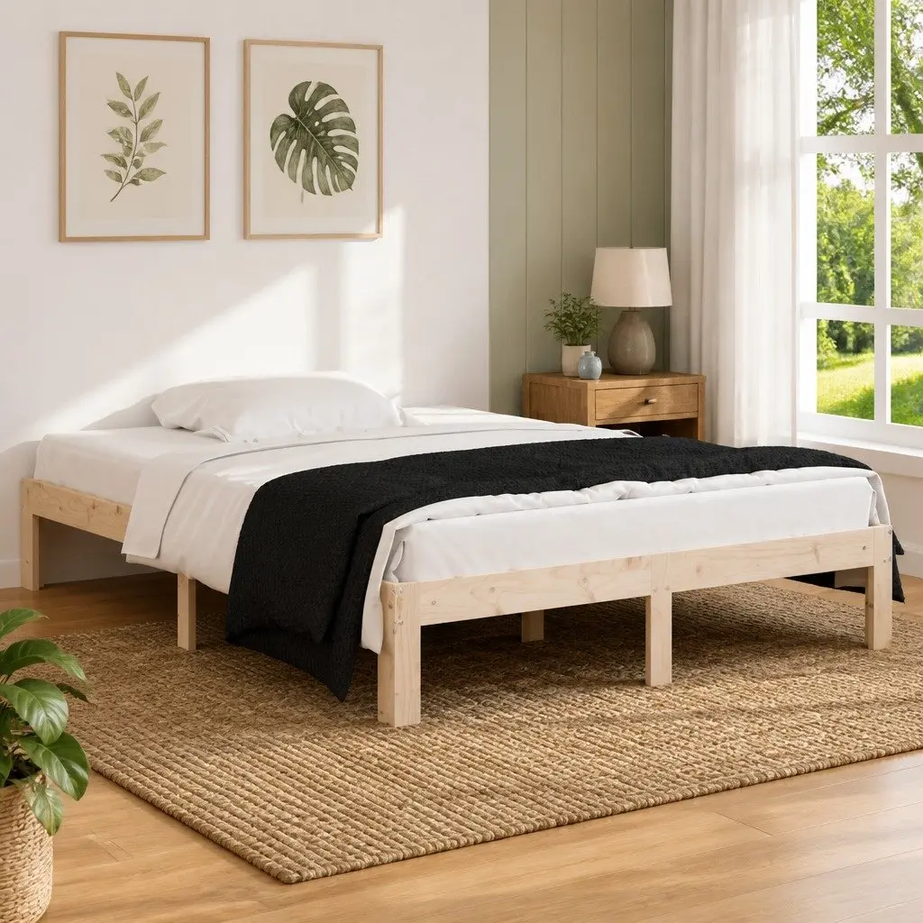 Wooden Bed Frame Bedroom 135x190 cm Brown Solid Pine Wood