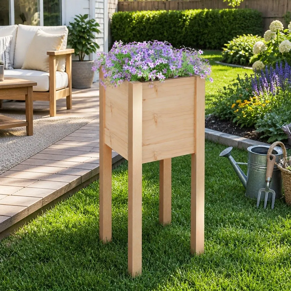 Garden Planter Box 31x31x70 cm Wooden Raised Bed Outdoor Flower Pot Container