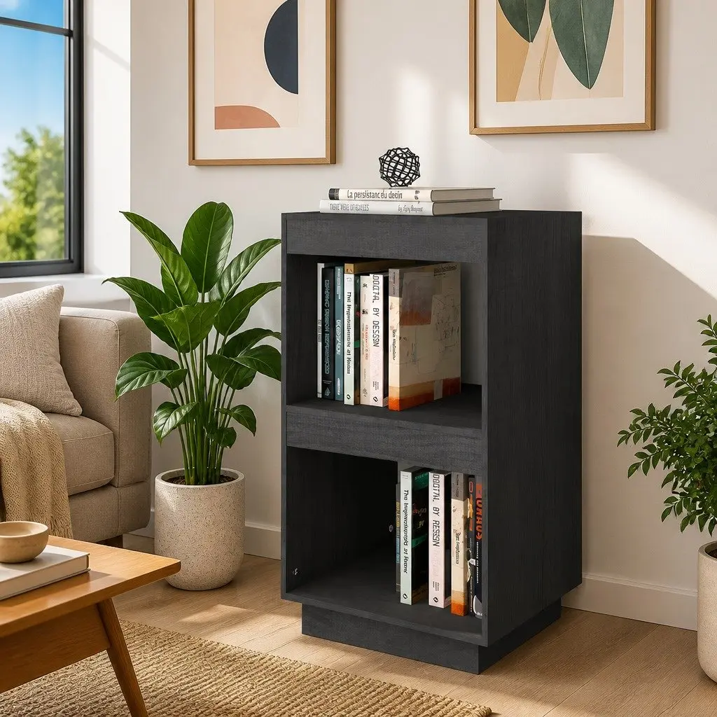 Book Cabinet Grey Solid Pinewood Storage Shelving Unit 40 x 35 x 71 cm