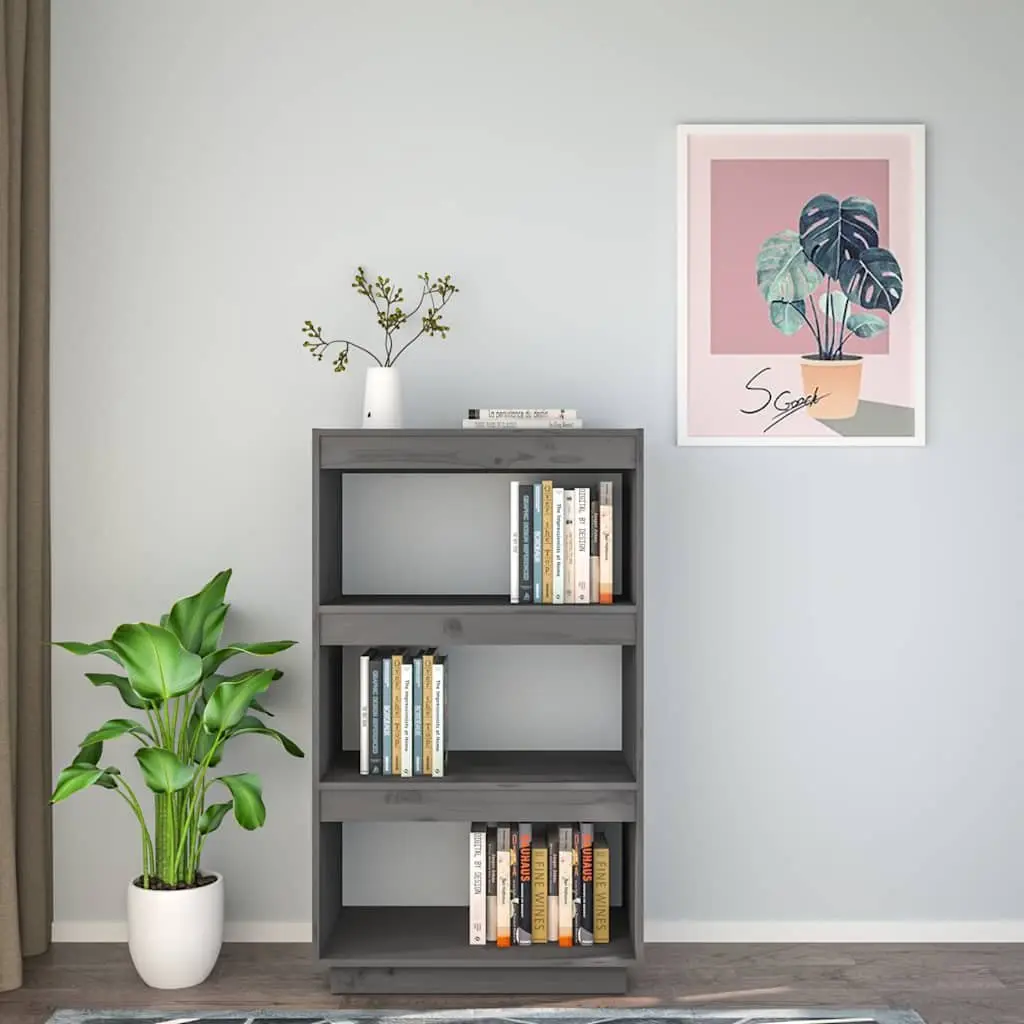 Grey Book Cabinet Room Divider 60x35x103 cm Solid Pinewood Shelving Unit