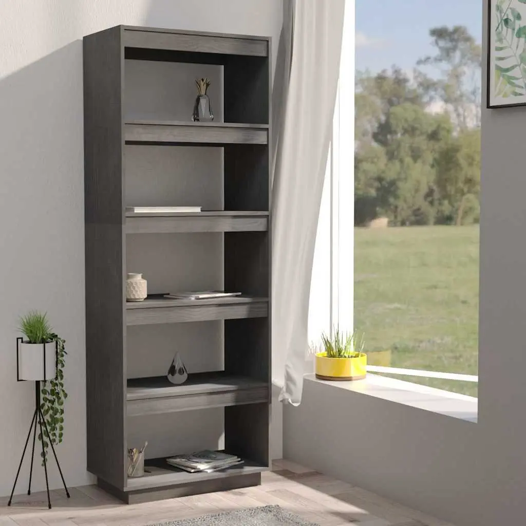 Book Cabinet 60x35x167cm Grey Solid Pinewood Storage Unit