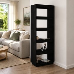 Book Cabinet Room Divider Black Solid Pinewood Shelving Unit Storage Bookshelf