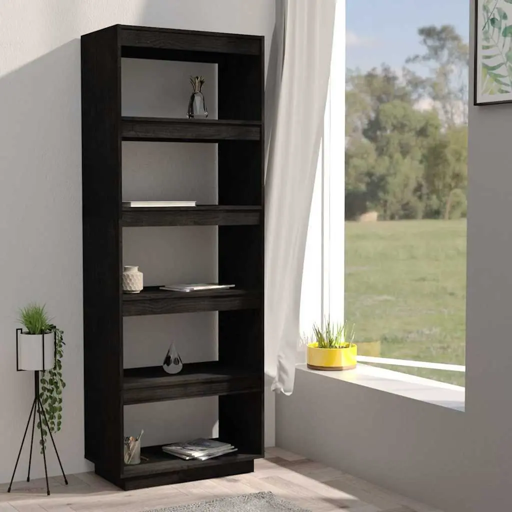Book Cabinet Room Divider Black Solid Pinewood Shelving Unit Storage Bookshelf