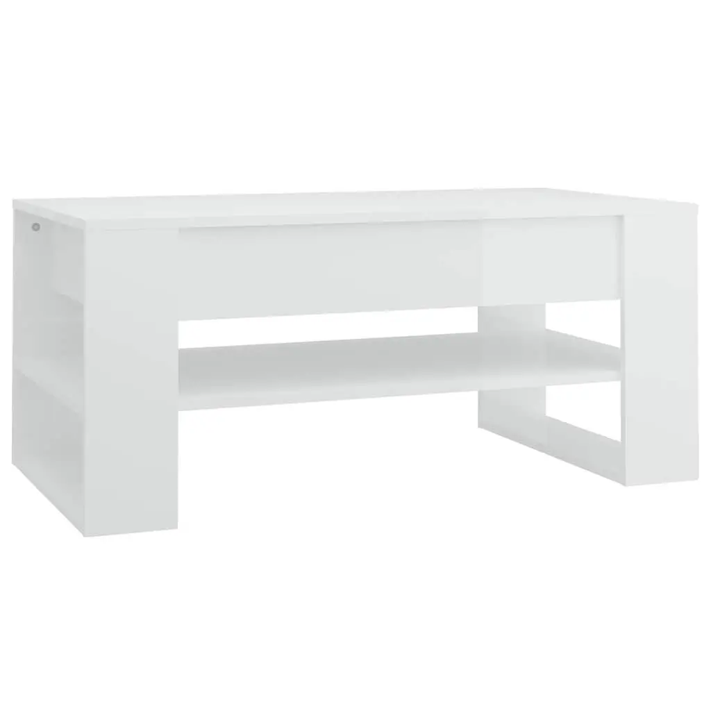 White High Gloss Coffee Table with Storage Shelf Living Room Accent Furniture