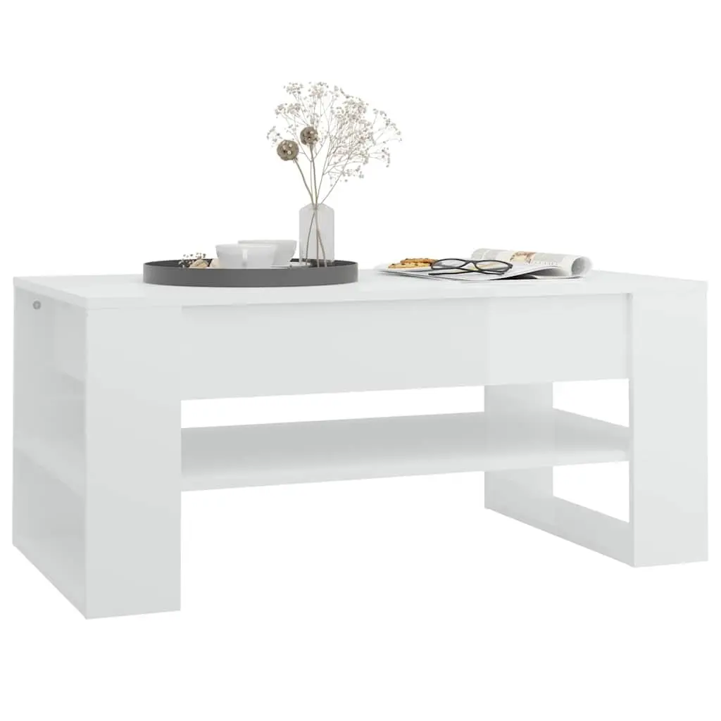 White High Gloss Coffee Table with Storage Shelf Living Room Accent Furniture