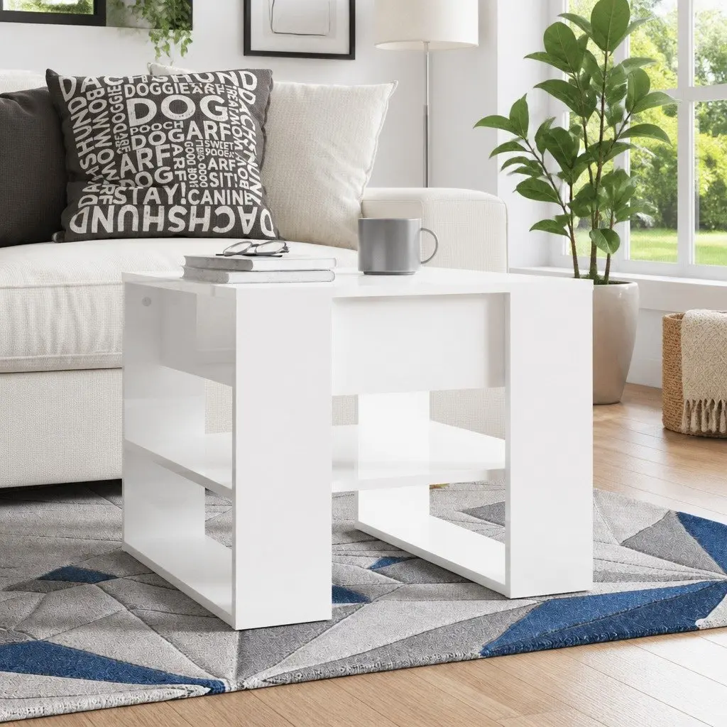 Coffee Table High Gloss White Storage Shelf Living Room Accent Furniture