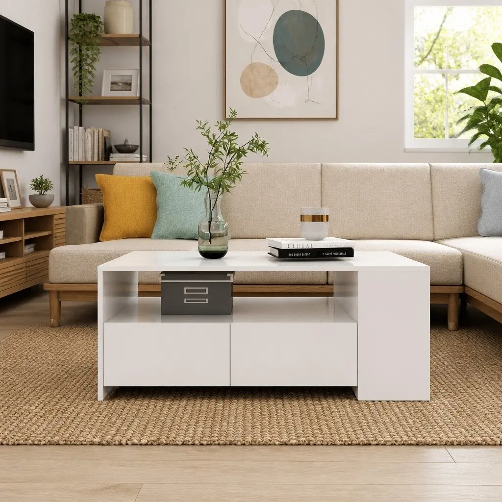 Coffee Table for Living Room White Storage Shelf Drawers Compartments 102L x 55W x 42H cm