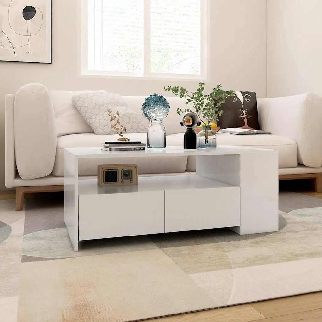 Coffee Table for Living Room White Storage Shelf Drawers Compartments 102L x 55W x 42H cm